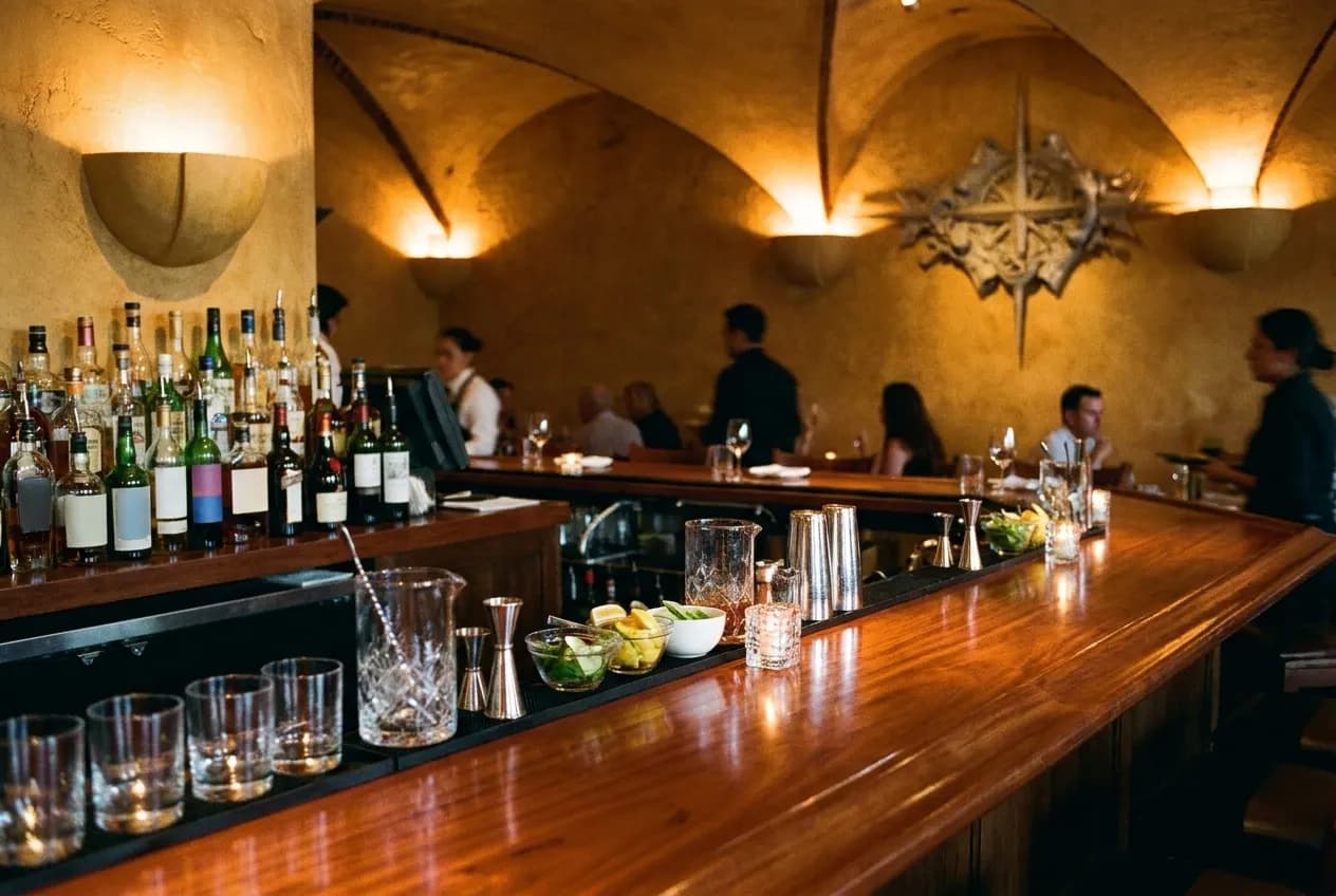 A new restaurant's bar counter at the start of an evening service