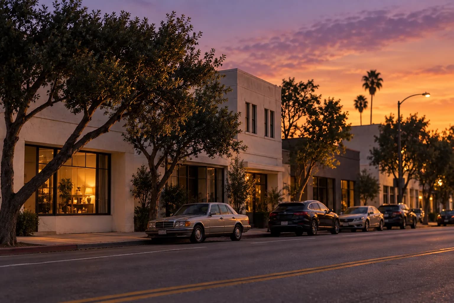 A quiet Melrose Avenue block at dusk with low buildings and street trees