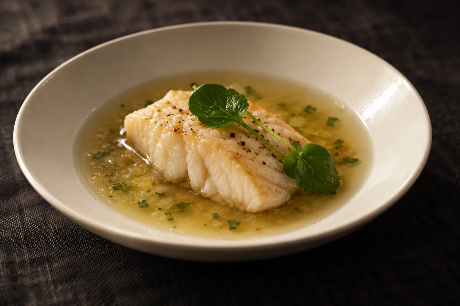 A single piece of fish on a pale plate with a light broth