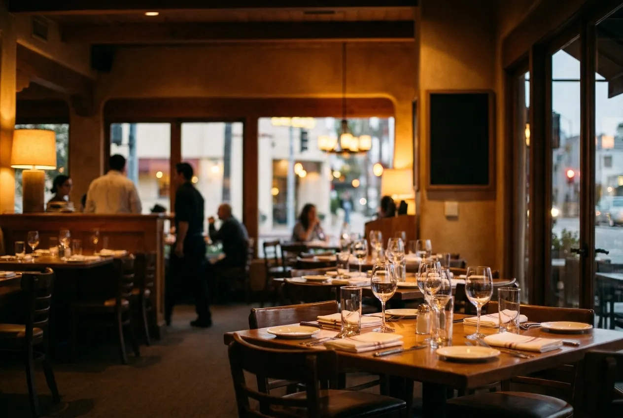 A dining room at the start of service, tables set, light low and warm
