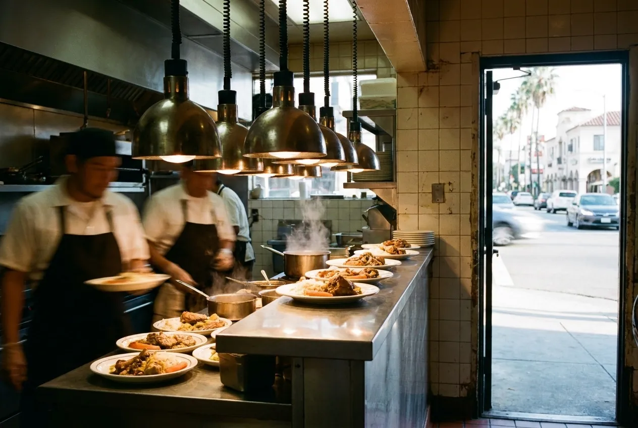 The pass of an open kitchen mid-service, plates waiting under the lights