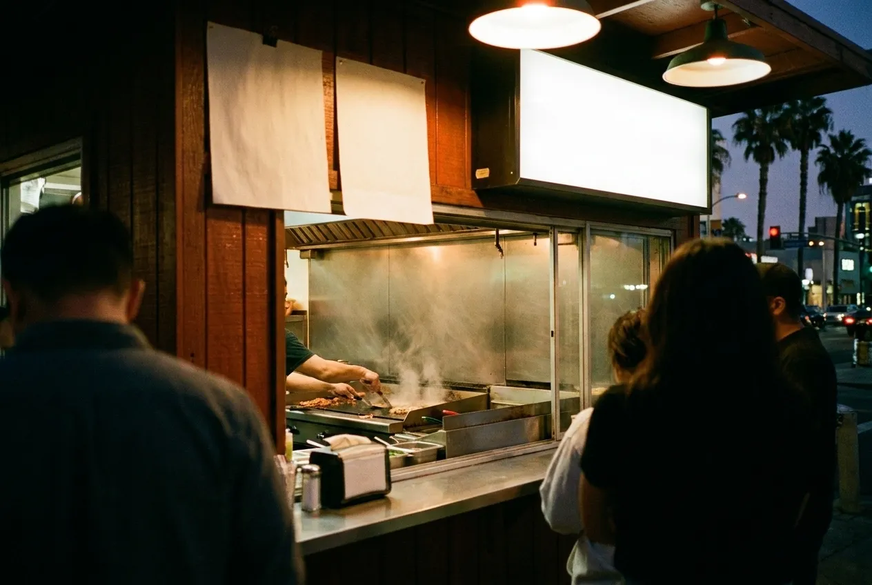 A small taqueria counter at night with the griddle running behind it