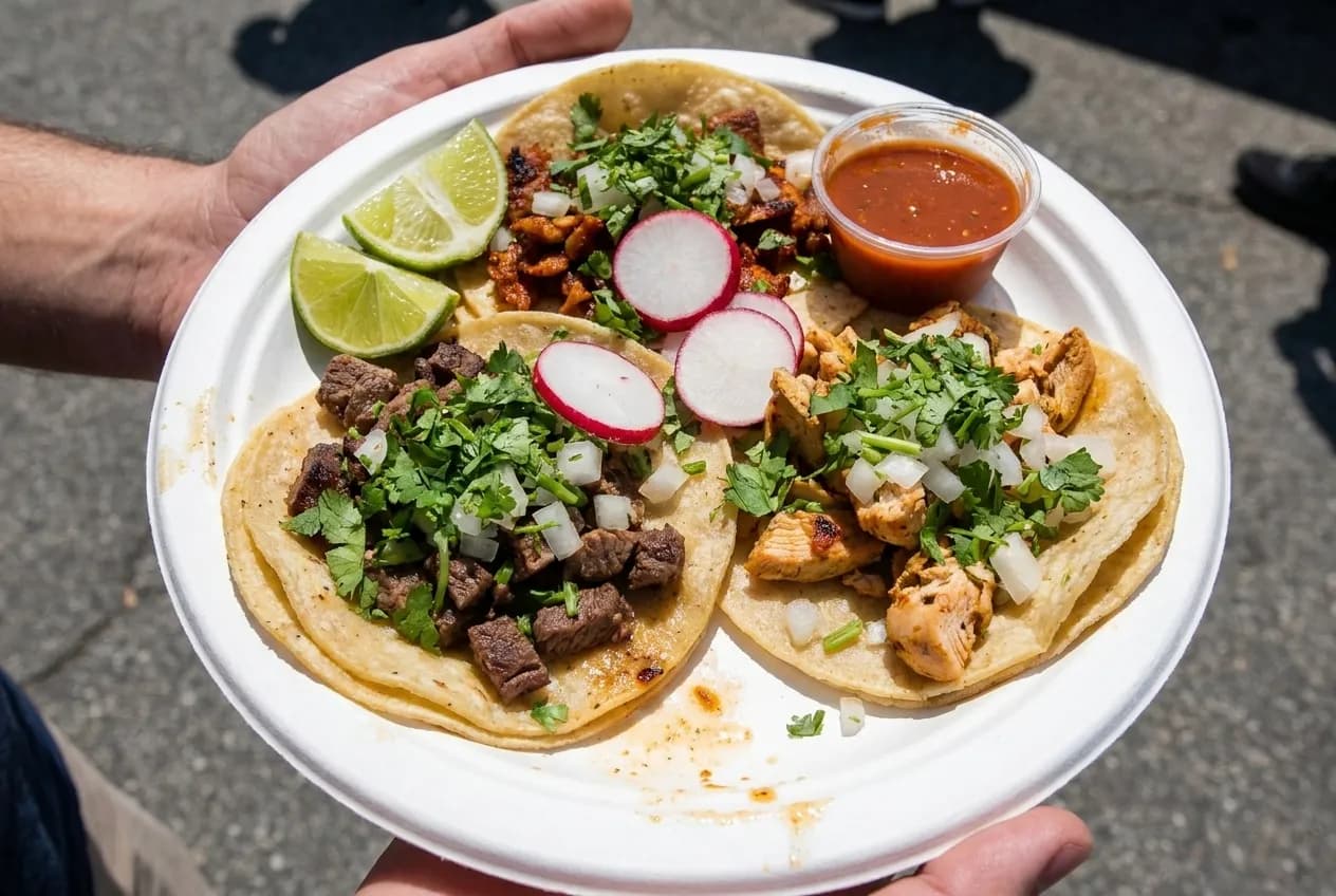 Three tacos on a paper plate with salsa and lime at close range