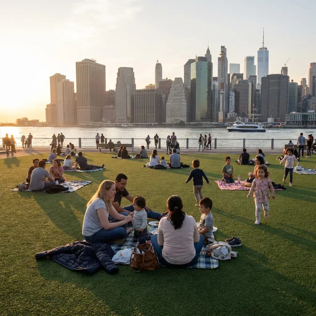 Labor Day Weekend NYC: The Last Outdoor Weekend Guide — Wide shot of the East River waterfront at Brooklyn Bridge Park Pier 6 during lat