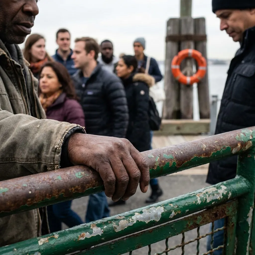 Labor Day Weekend NYC: The Last Outdoor Weekend Guide — Close-up of a Black man's hands gripping a worn metal railing at the Governors I