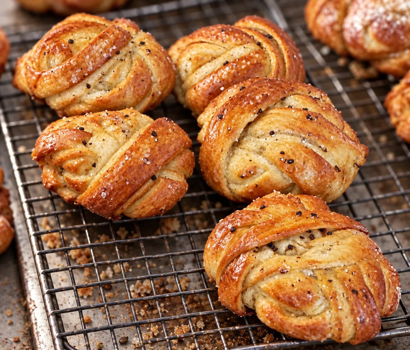 Laminated cardamom buns on a wire cooling rack, knotted dough with visible layers and crunchy sugar caught in the folds