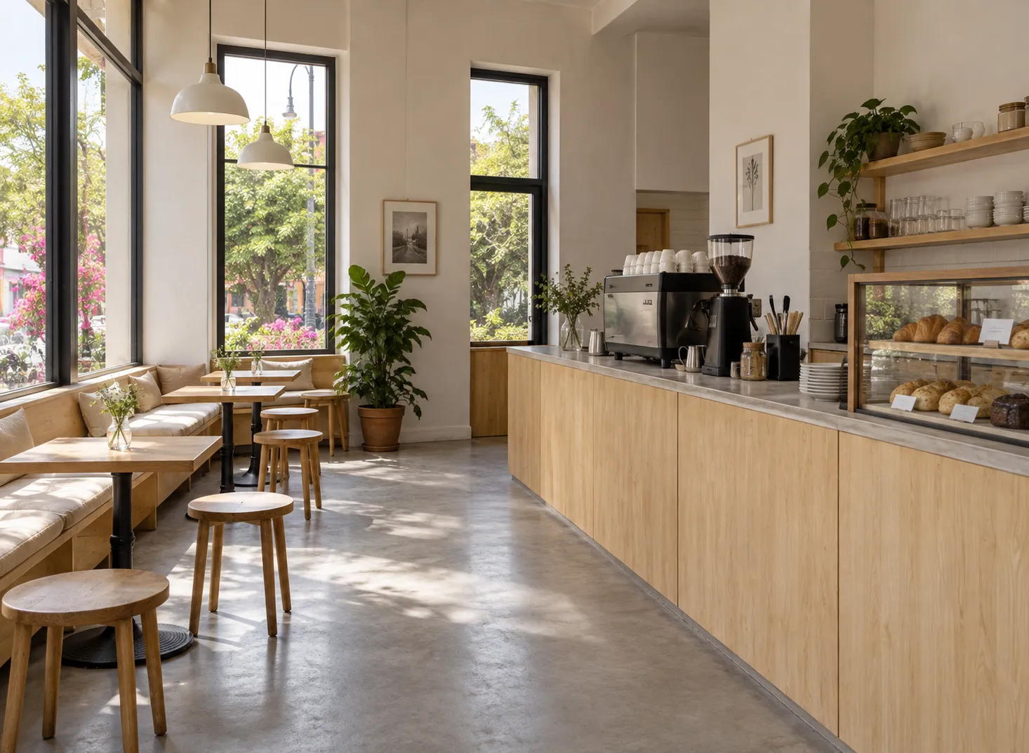 Pared-back café interior with a pale timber counter, white walls, a single espresso machine and a small bakery case beside a window bench