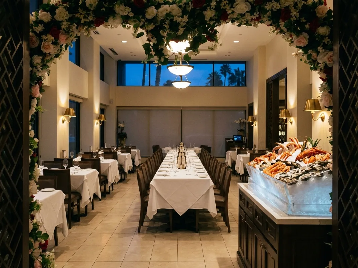 A long white-linen table in a Los Angeles seafood dining room with a shellfish ice display on the sideboard and brass wall lamps