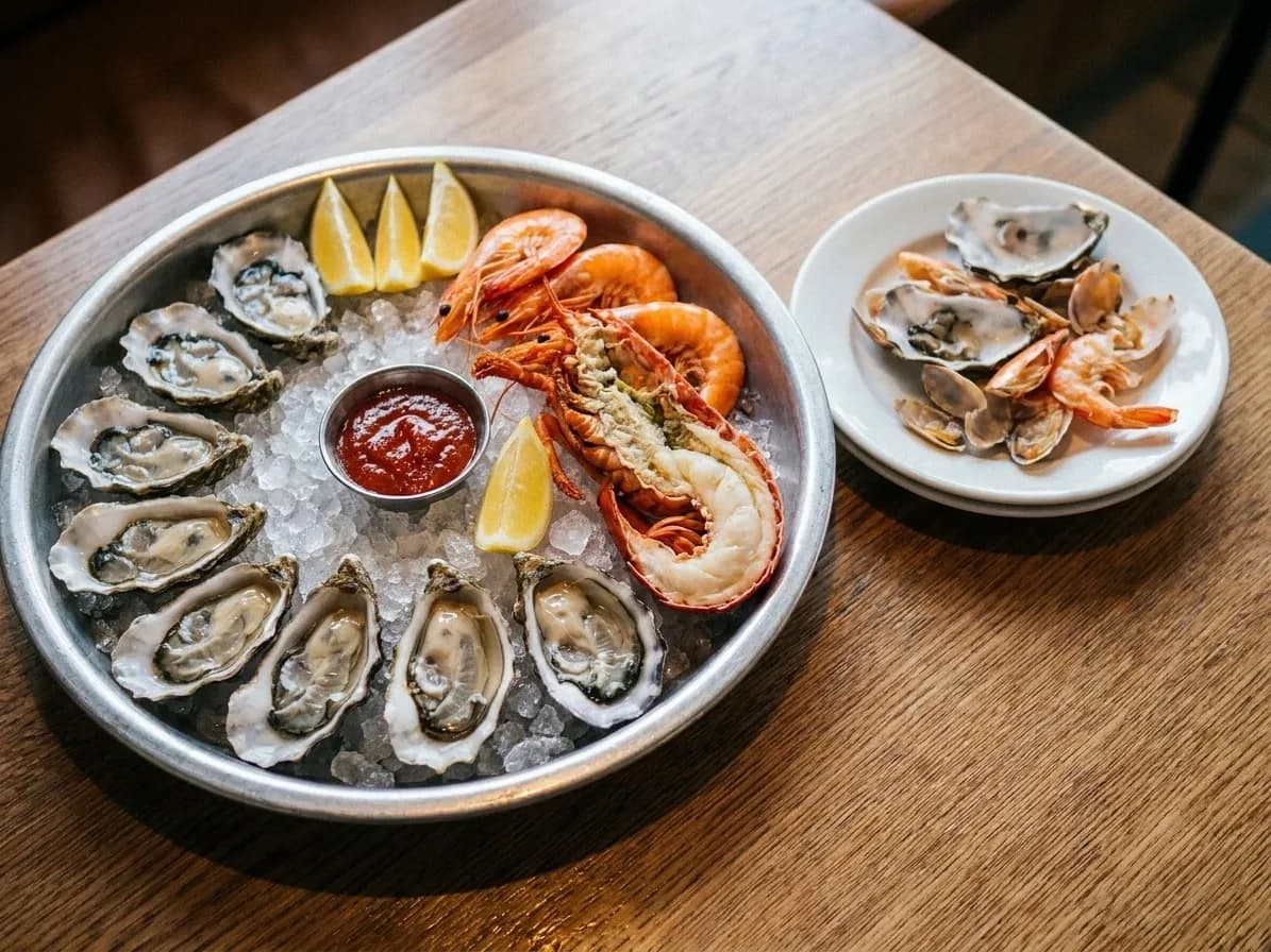 A steel tray of oysters, prawns and split lobster on crushed ice with lemon wedges and a small bowl of sauce
