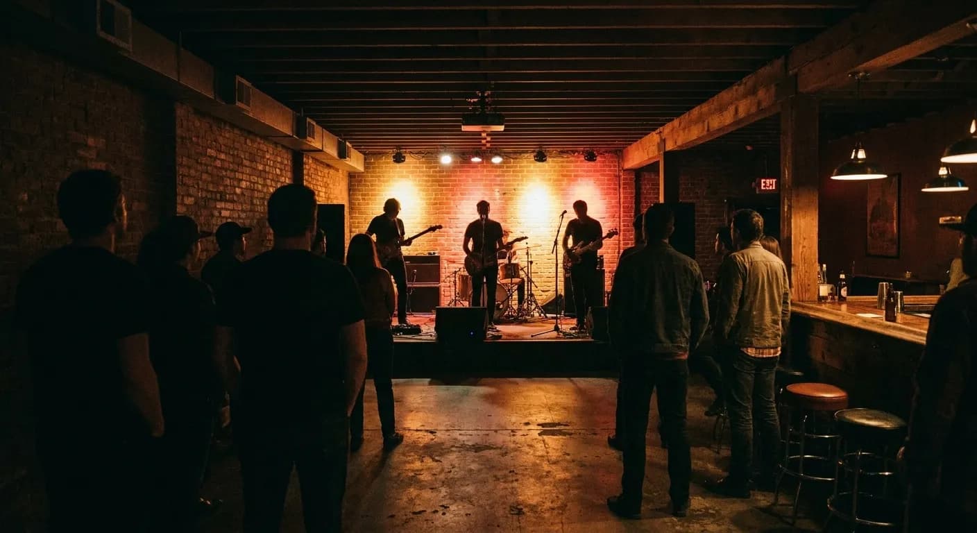A small Los Angeles club stage mid-set seen from the back of the room, with a band silhouetted against warm backlight