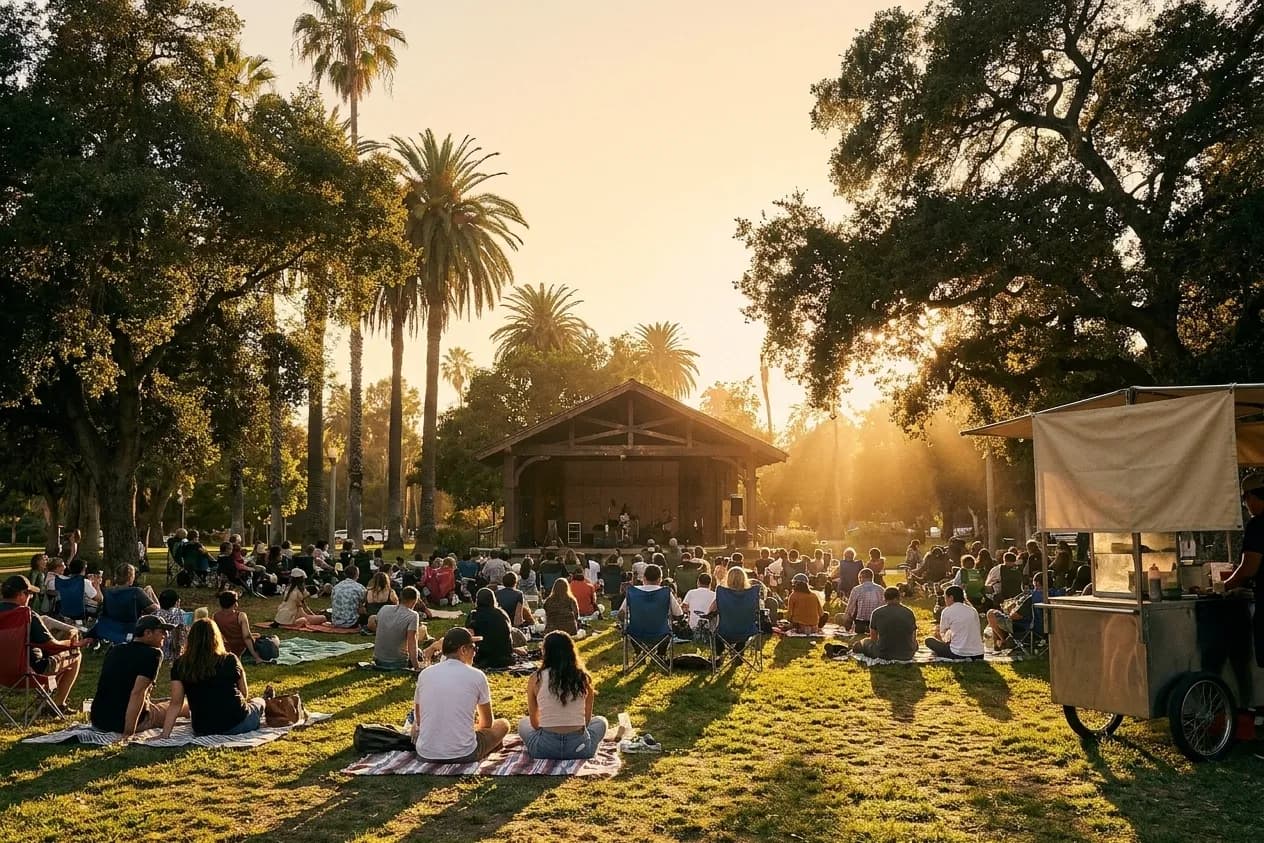 A free outdoor concert in a Los Angeles park with people on blankets facing a small covered stage in golden late light
