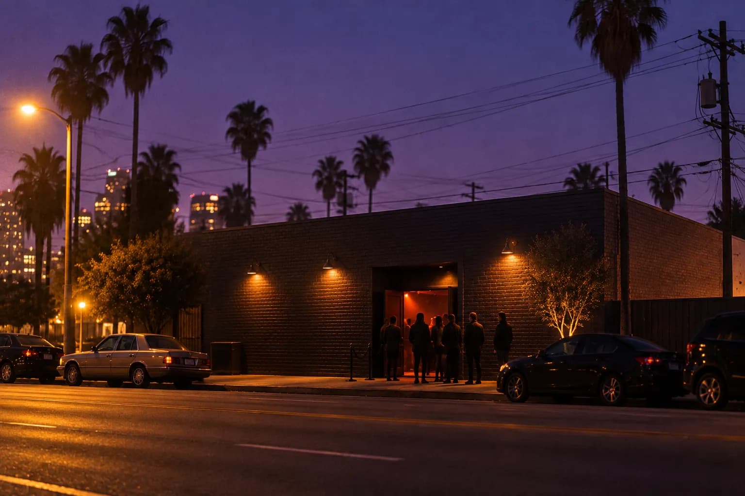 A low club building on a wide Los Angeles street at night