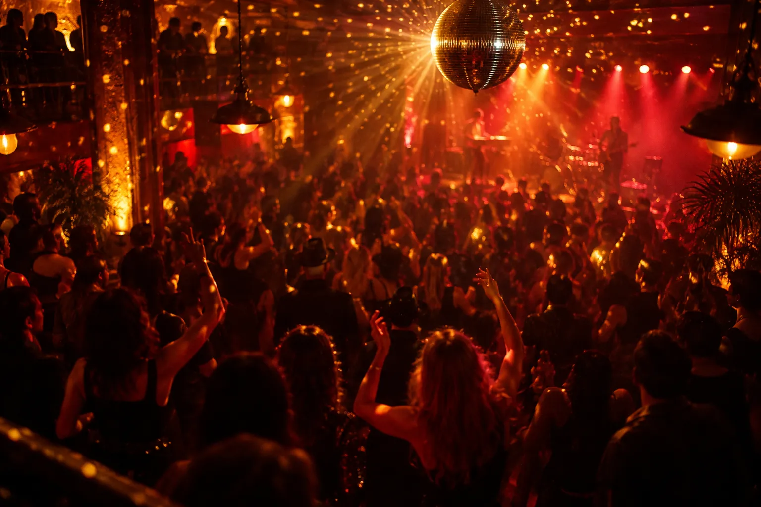 A crowded dance floor lit in warm colour with a mirror ball overhead