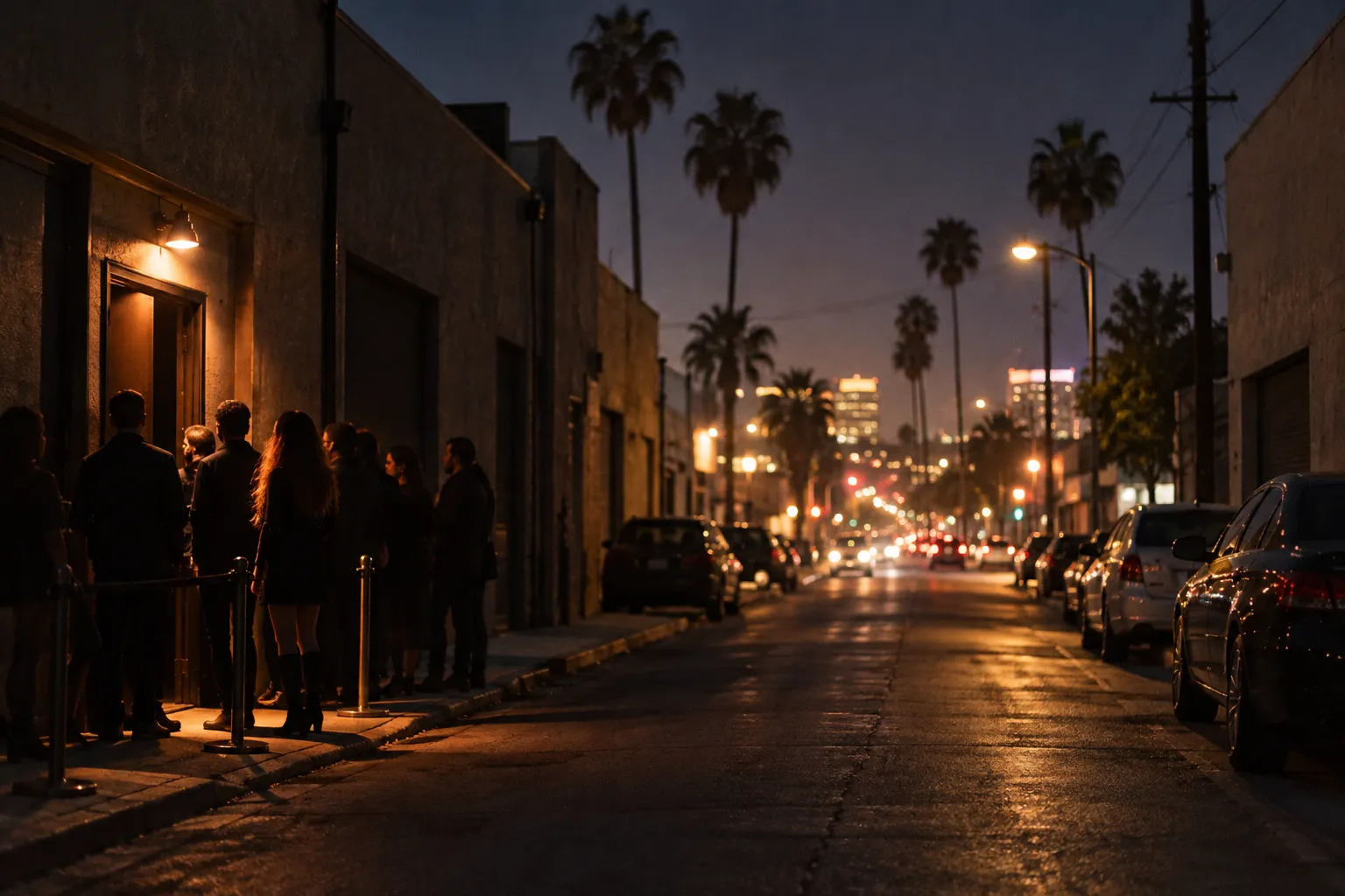 A side street off Hollywood Boulevard at night