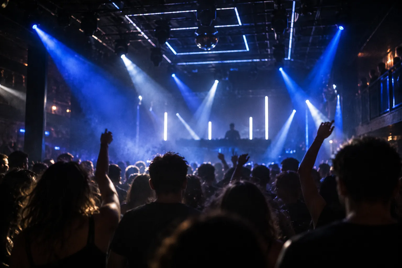 A dark club room with mapped lighting above the dance floor