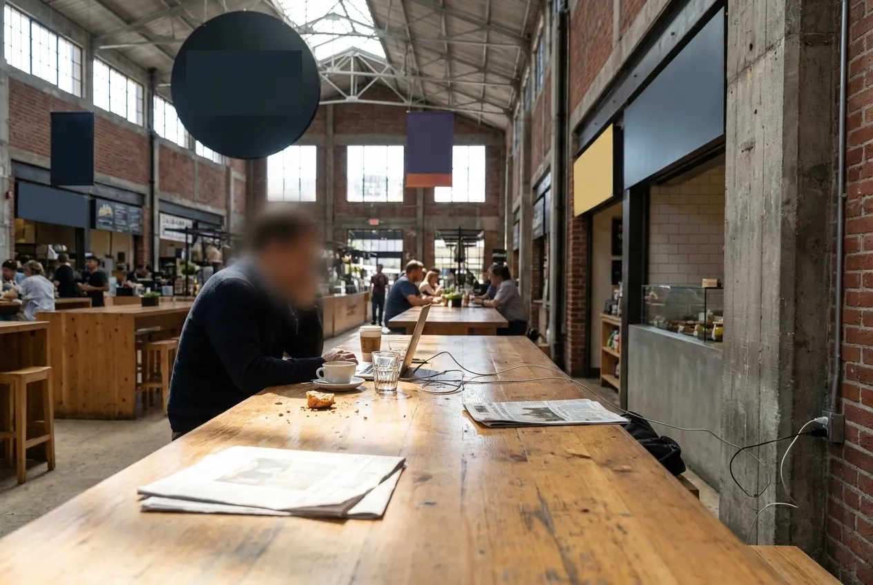 A communal cafe table mid-morning, one seat taken, cables running to the wall