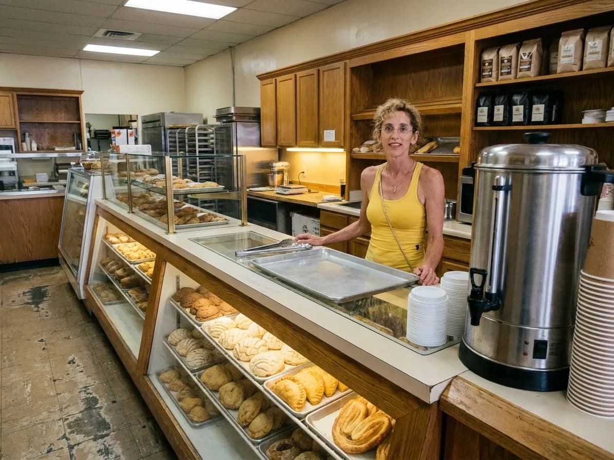 A Los Angeles bakery counter with a stainless coffee urn, stacked paper cups and trays of pastries behind glass