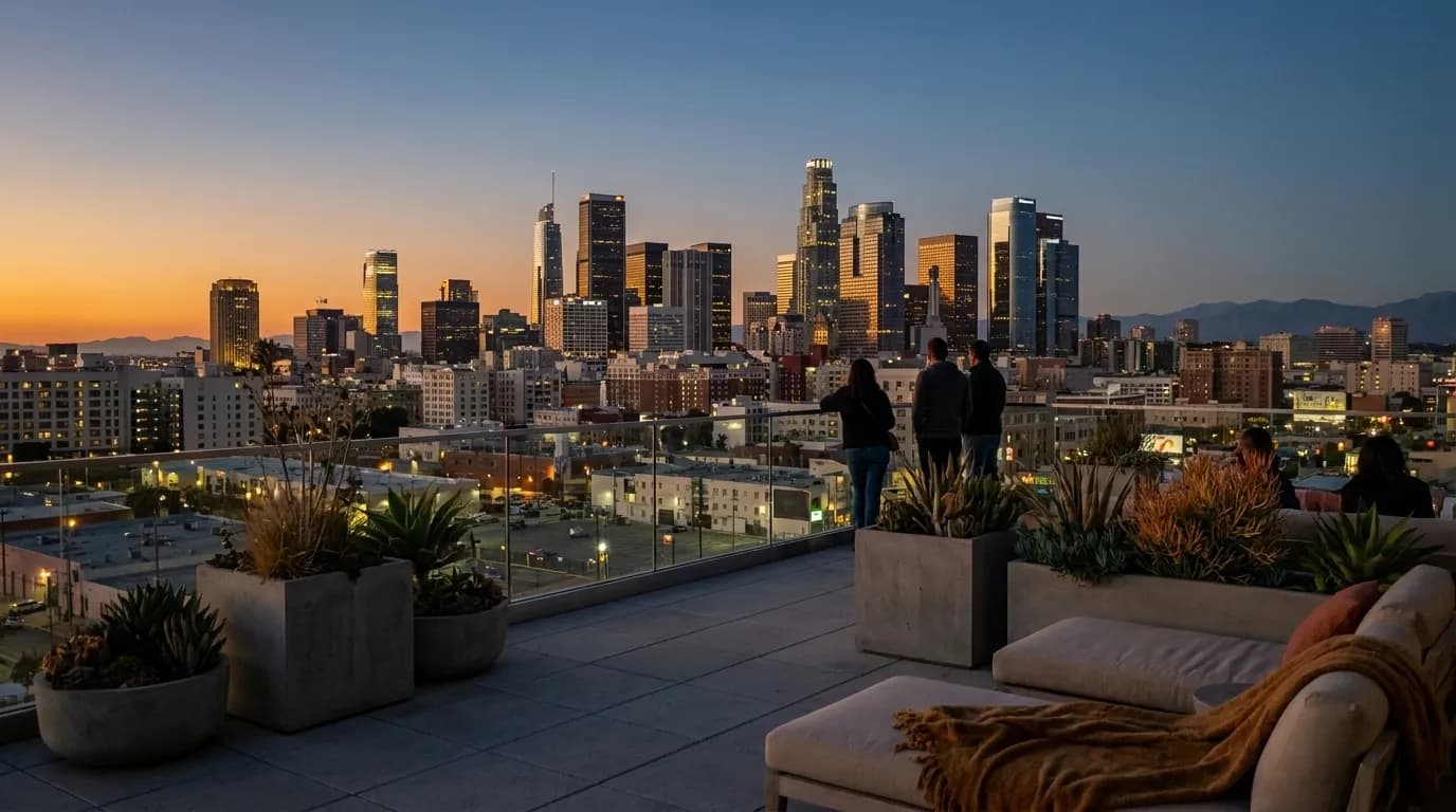 A modern concrete and glass music venue building west of downtown Los Angeles at dusk, city towers rising behind it.