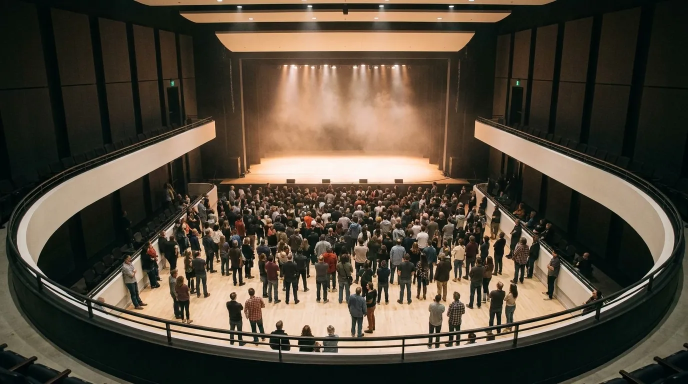 A wide concert hall seen from a curving upper balcony, the crowd below on a wooden floor facing a broad stage.