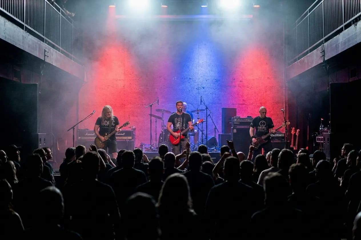 A mid-sized Los Angeles music venue during a set with red and blue stage wash, haze in the beams and a silhouetted crowd