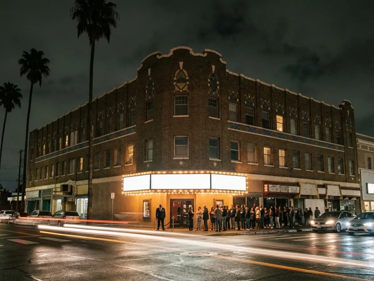 A queue outside a Los Angeles music venue under a blank marquee an hour before doors, with cars passing