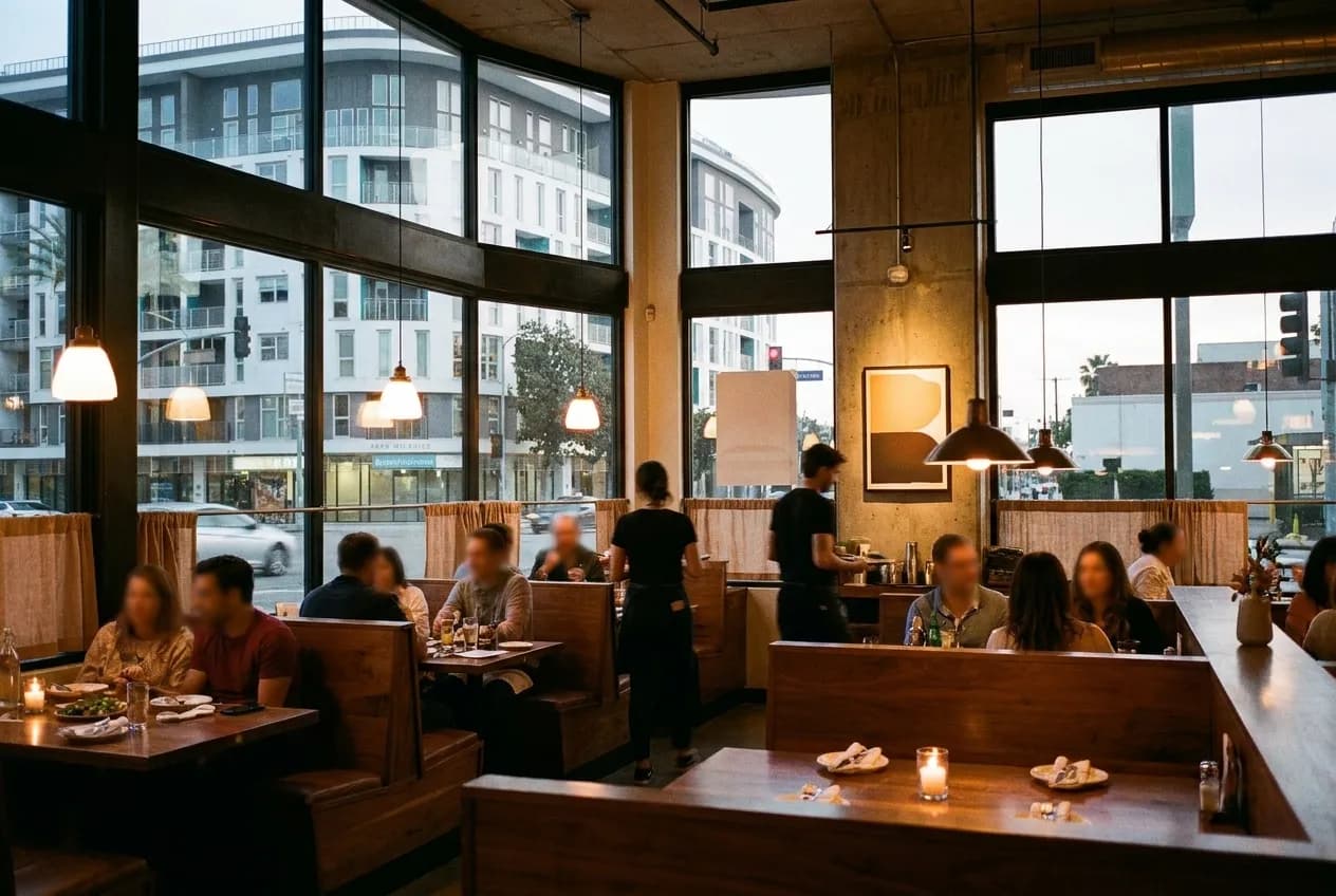 A warm restaurant interior in the early evening, booths filling one at a time