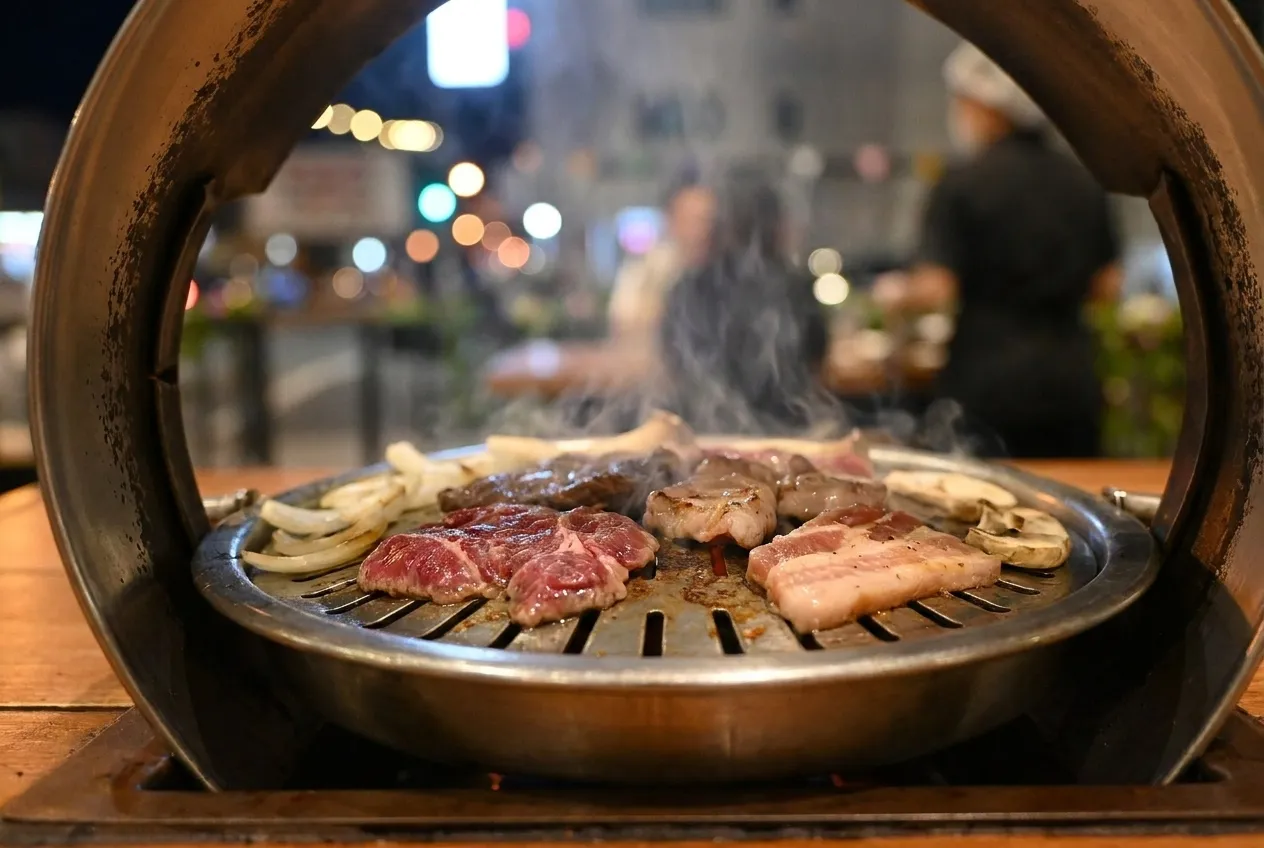 A tabletop grill at close range, the first round of meat just laid down