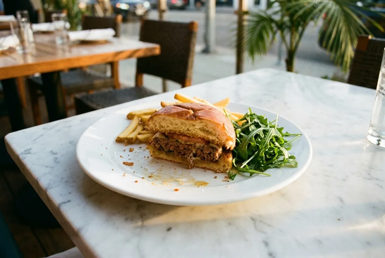 A single plate photographed from above on a marble table mid-meal