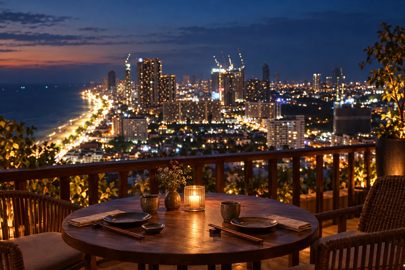 A terrace table at dusk overlooking a city grid of lights