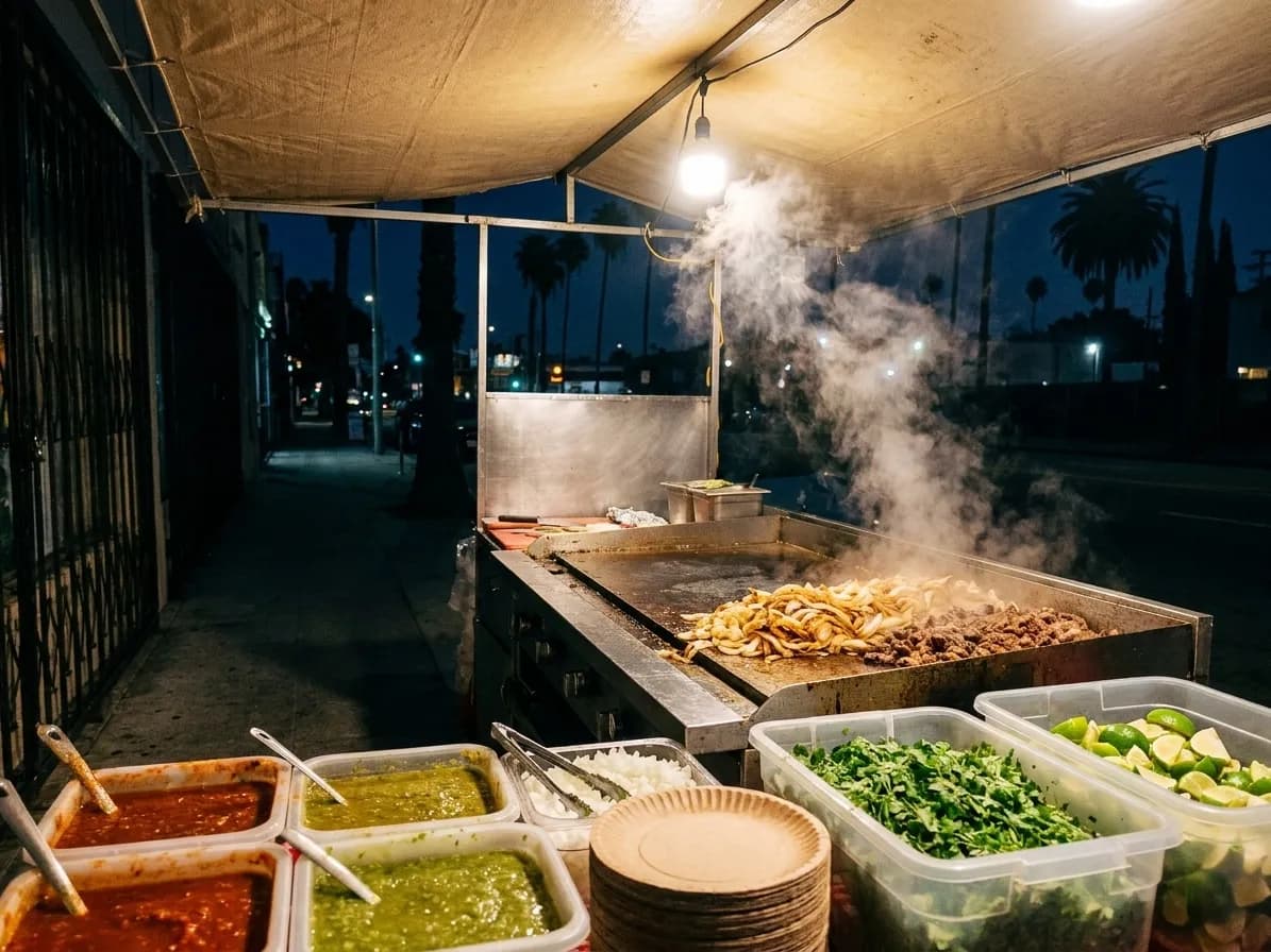 An evening street-food griddle with meat pushed to one side, stacked plates and salsa tubs under a work light