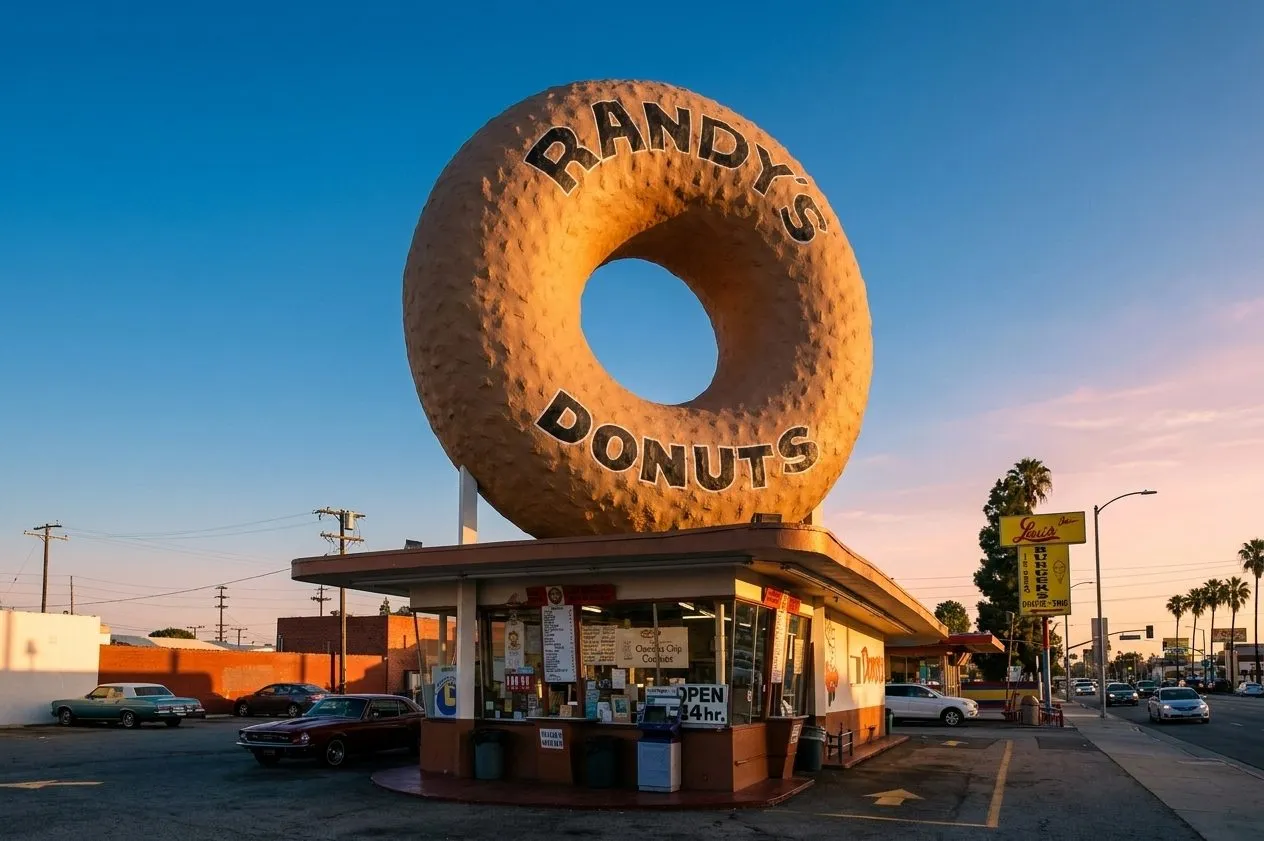 giant rooftop donut sign above a roadside shop at sunrise in Los Angeles
