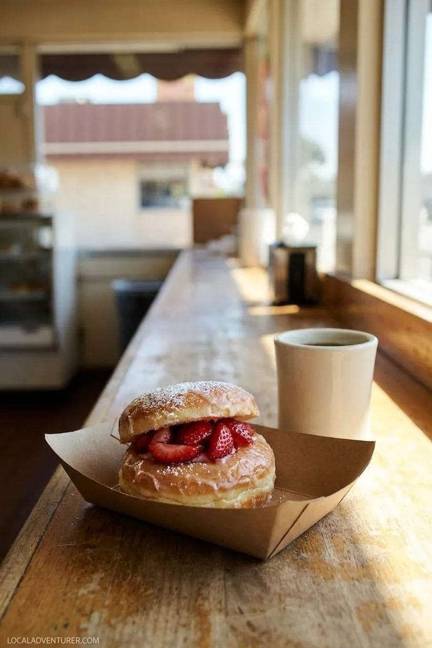 strawberry-filled donut beside black coffee on a paper tray