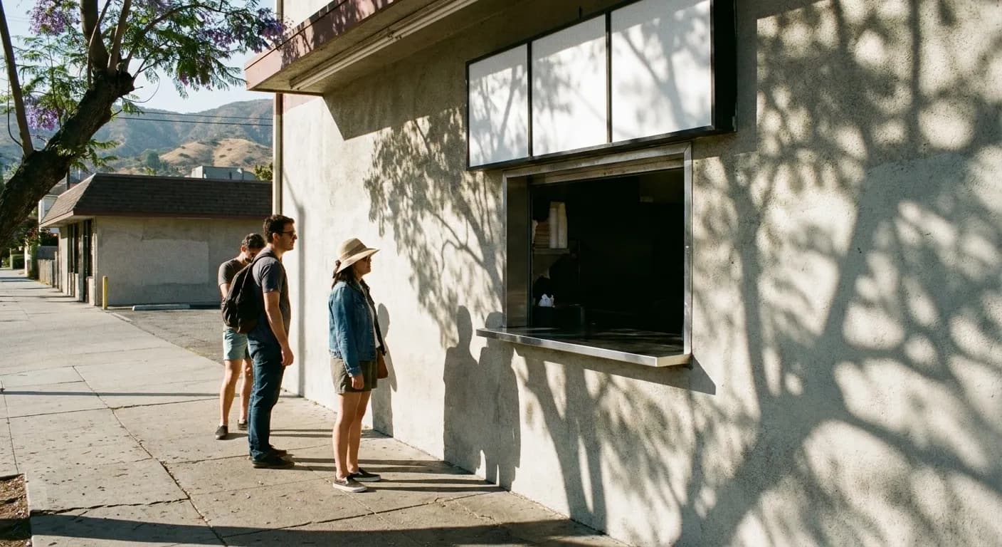 A walk-up slice window cut into a stucco wall in Los Angeles with blank menu boards above and three people waiting on the pavement