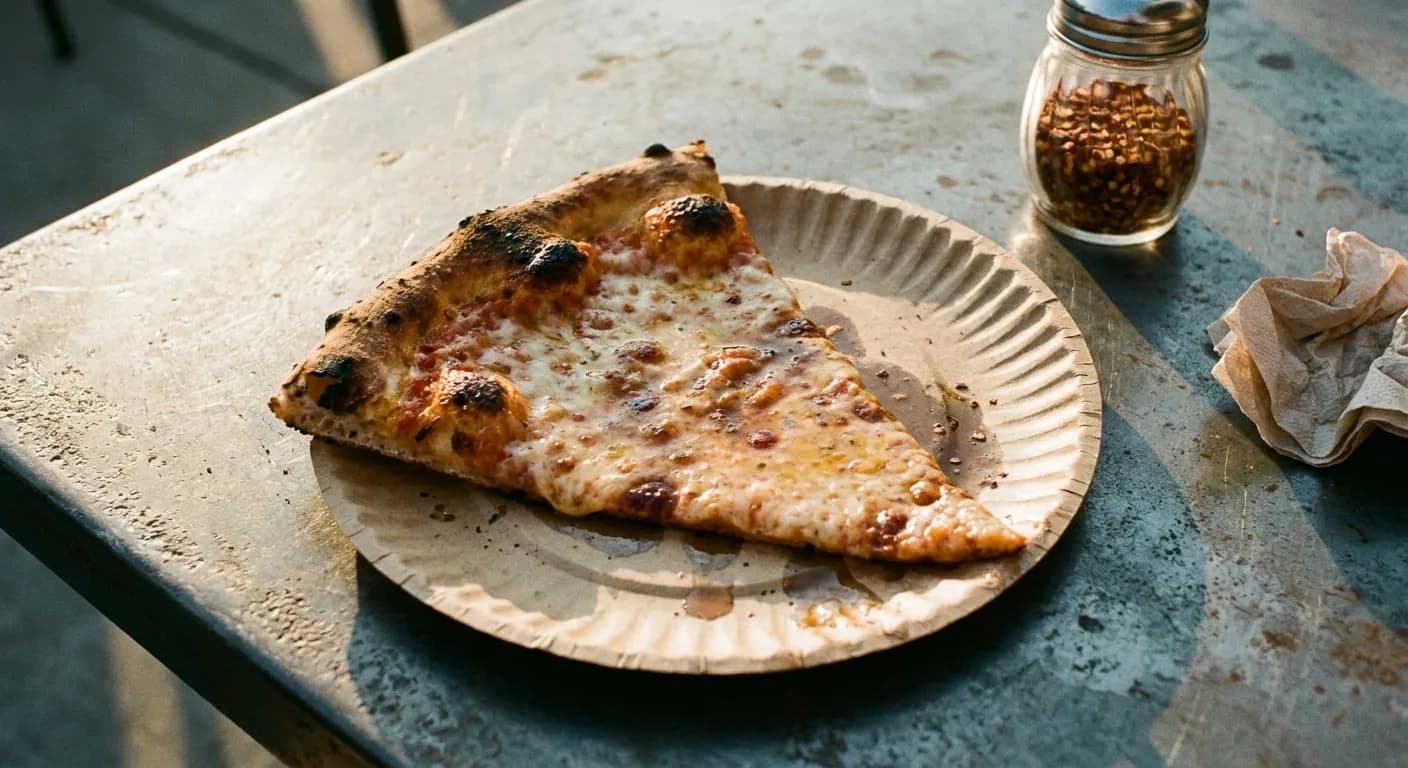 A single thin-crust slice with charred edges on a paper plate on a steel outdoor table in raking golden light