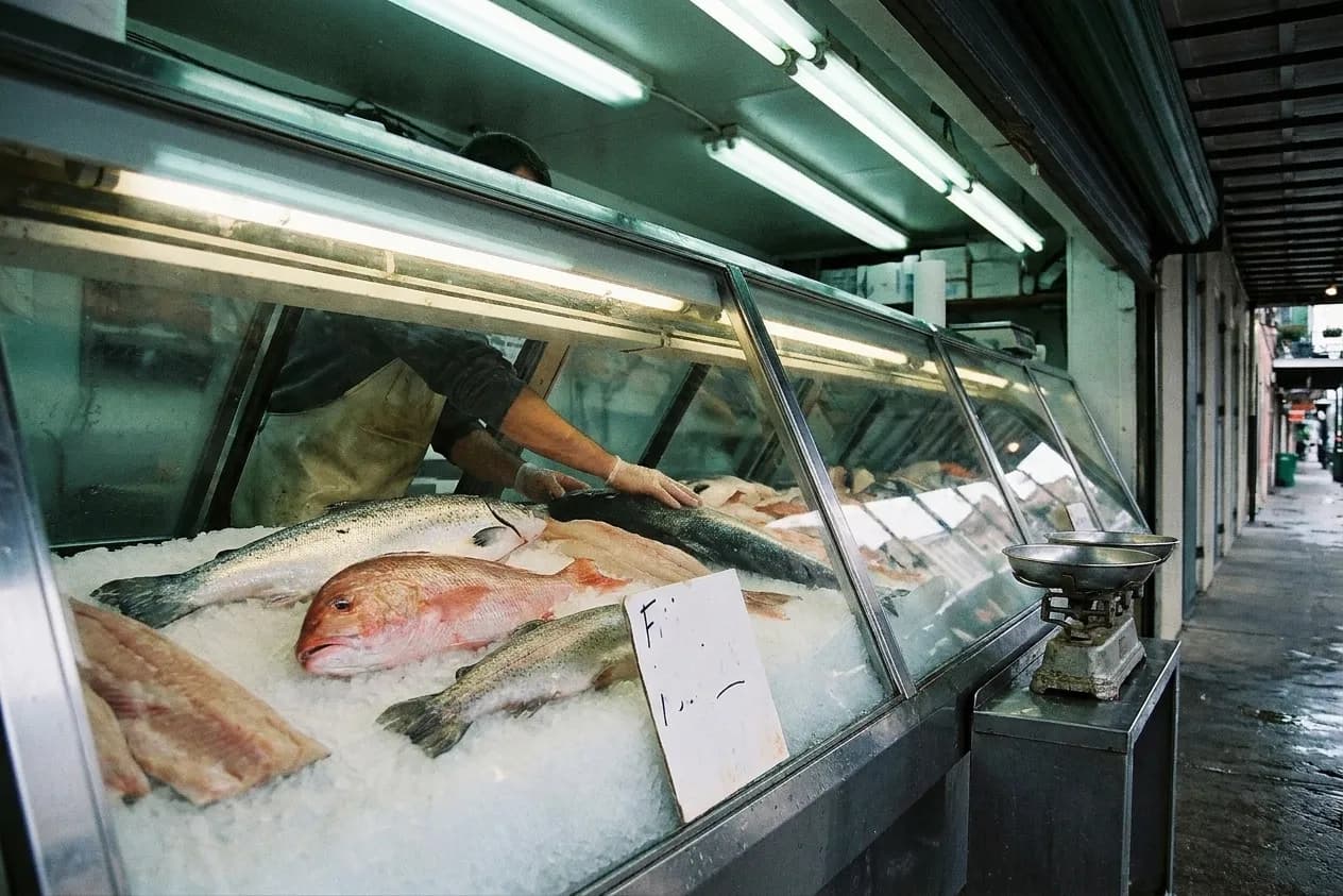 A neighbourhood market fish counter with whole fish and fillets on crushed ice behind angled glass and scales at one end