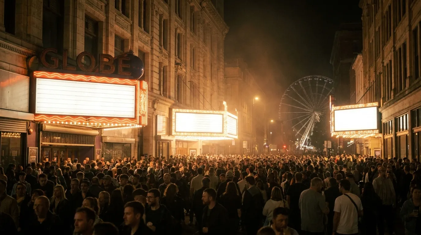 A downtown Los Angeles street closed to traffic at night, historic theatre marquees glowing above a crowd.
