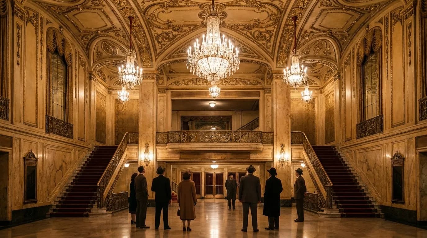 The ornate gilded lobby of a 1930s movie palace with a grand staircase and chandeliers.