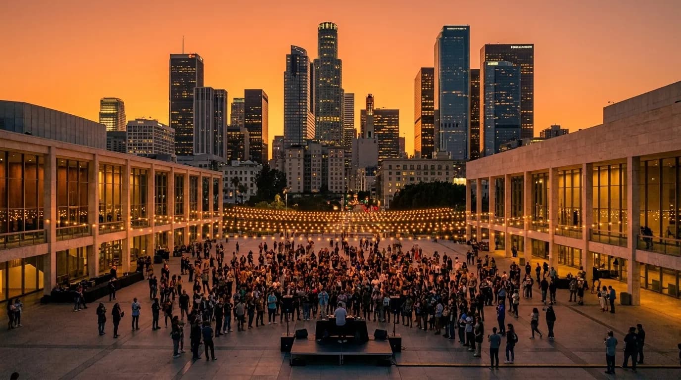 An outdoor civic plaza in downtown Los Angeles at dusk with a large crowd gathered and a lit stage at one end.