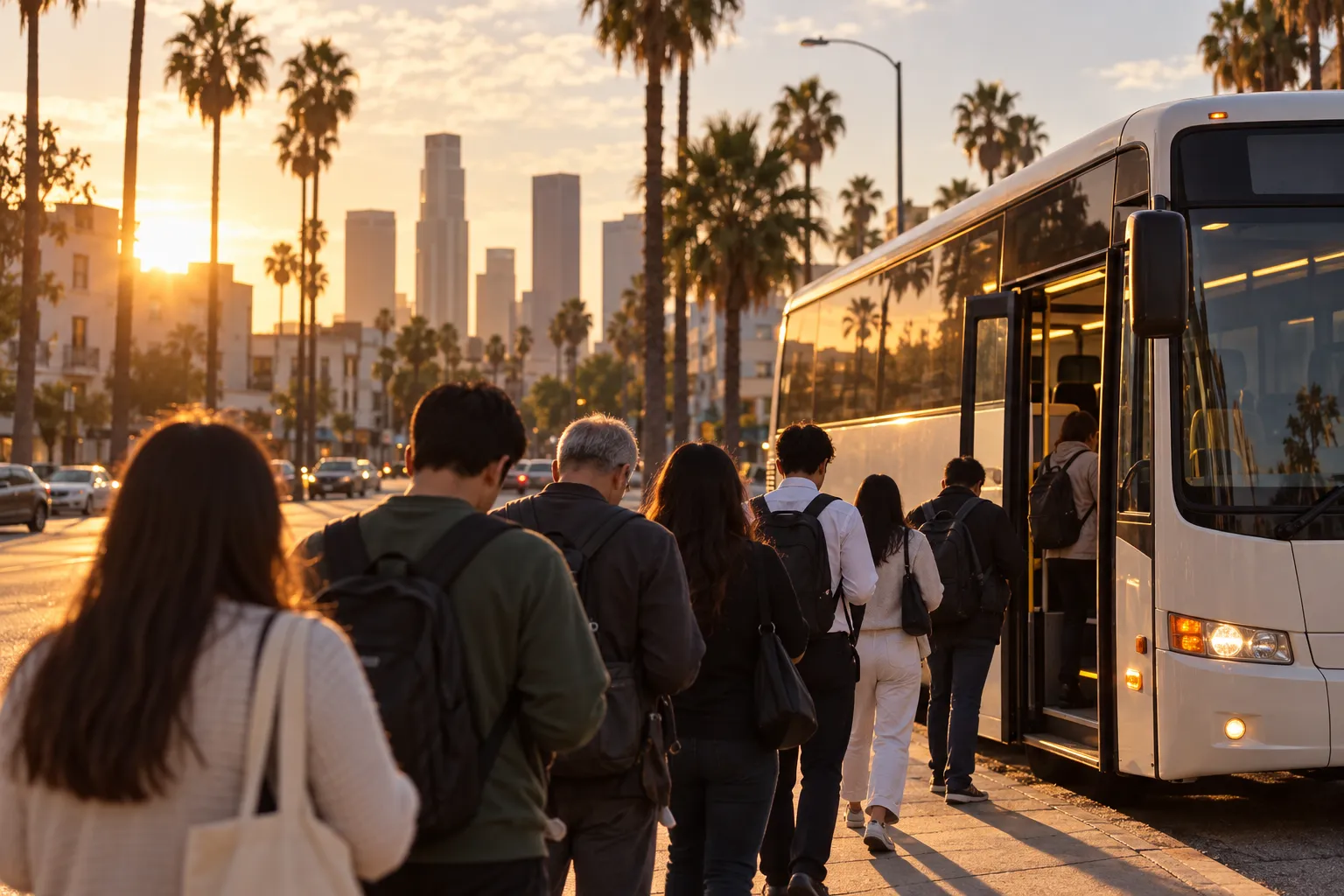 A shuttle bus queue on a Los Angeles street in the evening