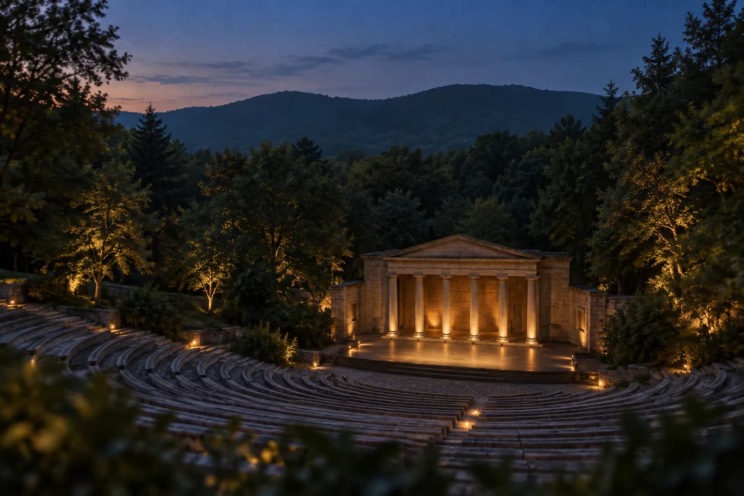 An outdoor theatre in a wooded park at dusk with a lit stage