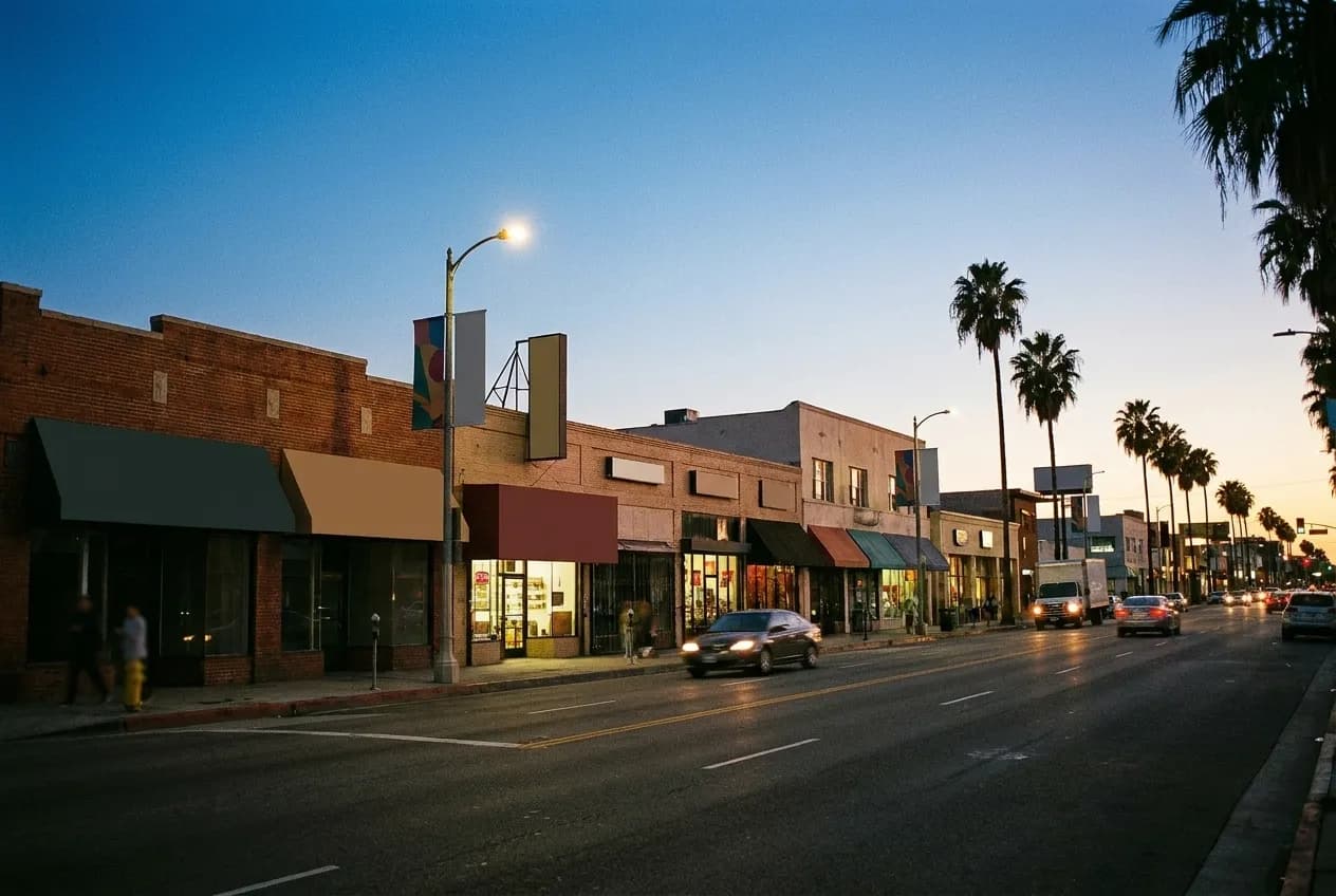 An eastside boulevard at dusk, lights coming on along a row of low storefronts
