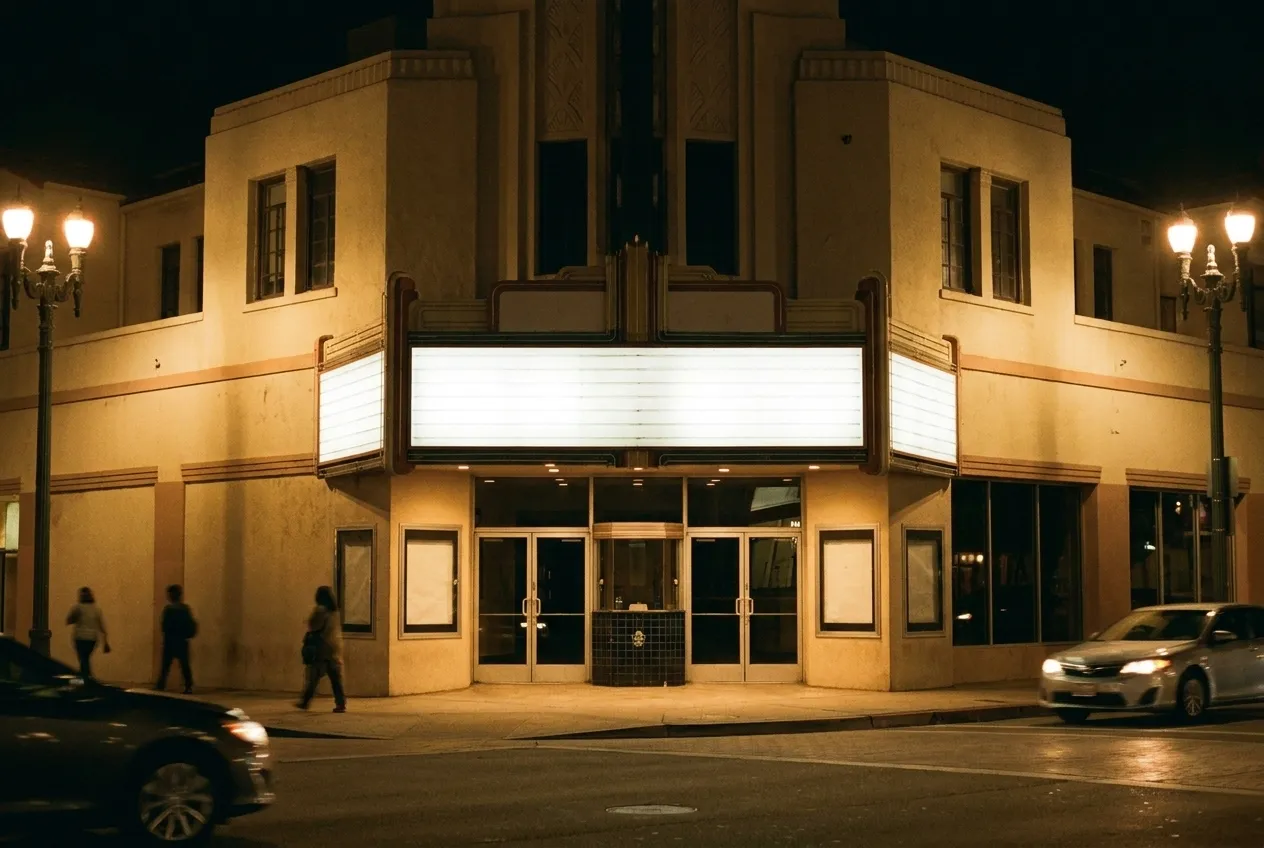 A cinema facade lit for the evening, its panels blank above the entrance