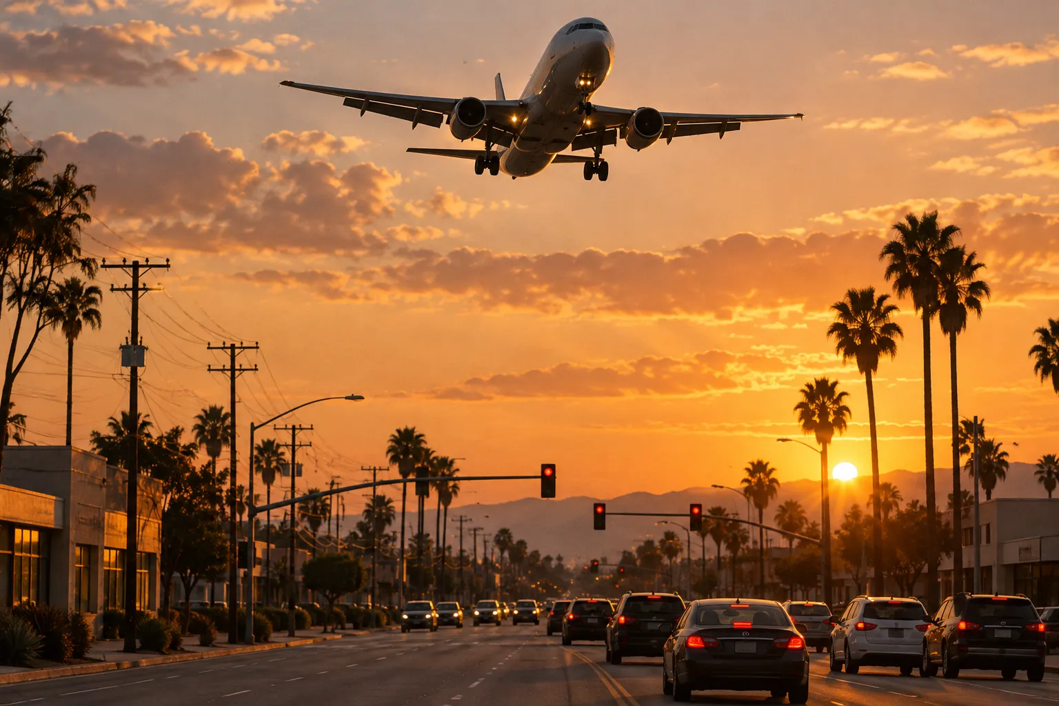 A wide boulevard at dusk with an aircraft low overhead on approach