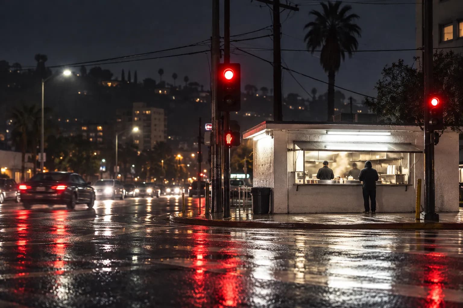 A small corner food stand lit at night on a wide Los Angeles intersection
