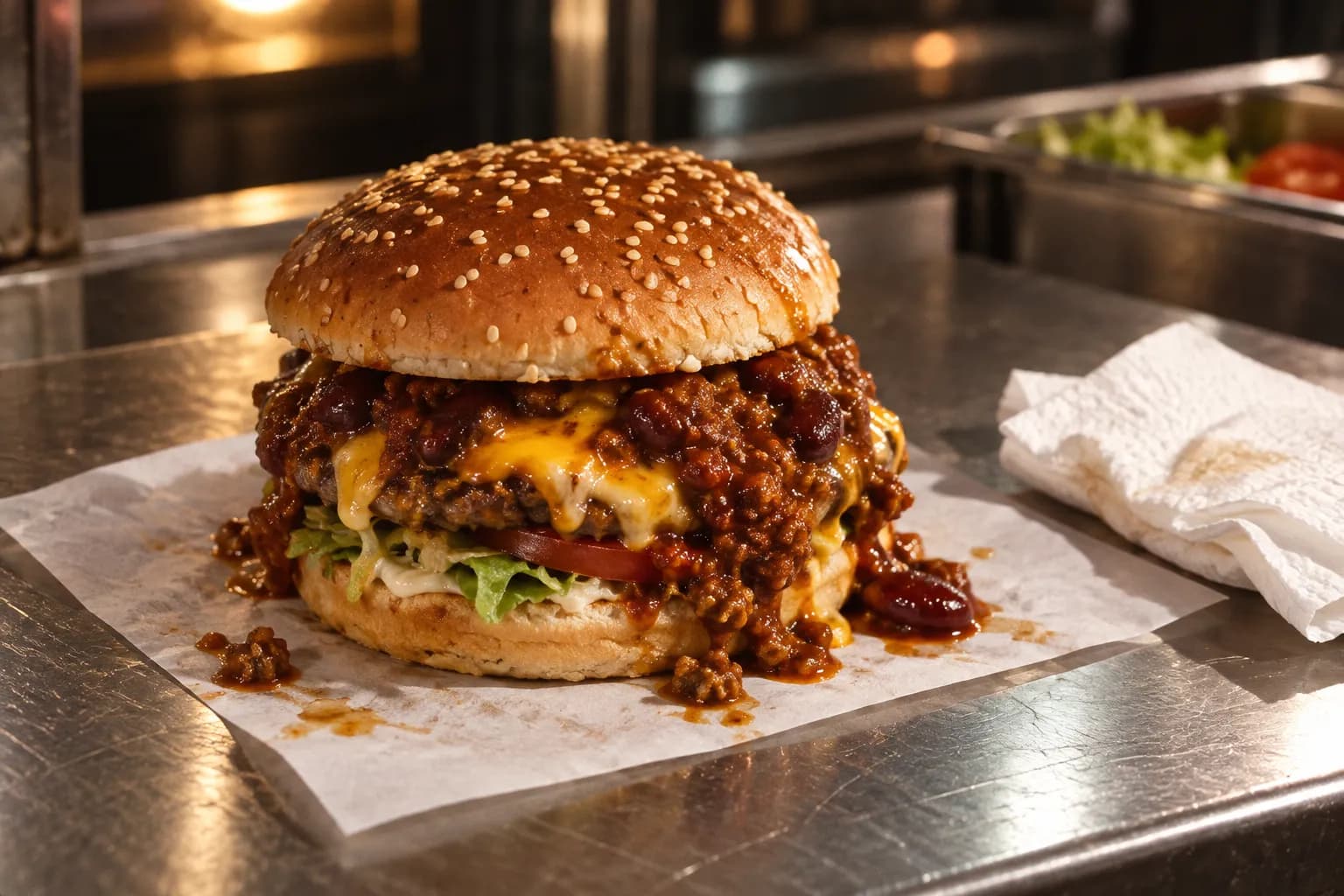 A chili-covered hamburger wrapped in paper on a small counter