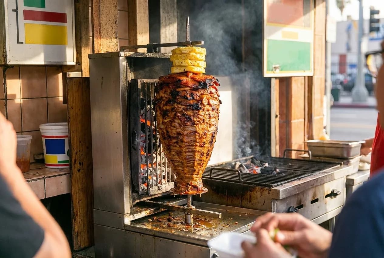 A trompo turning beside the grill, the outer layer darkening