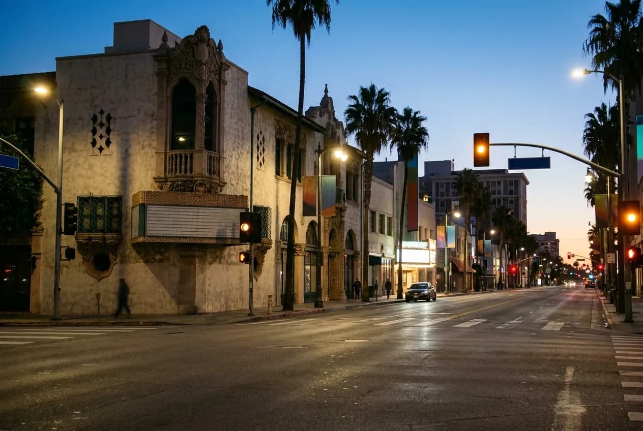 A wide mid-city boulevard before dawn, signals blinking, almost no traffic