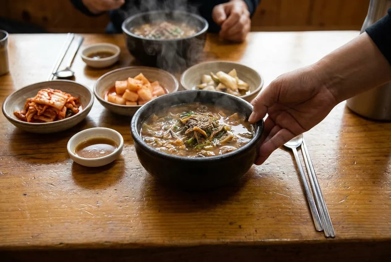 A bowl of soup arriving with small side dishes around it, steam rising