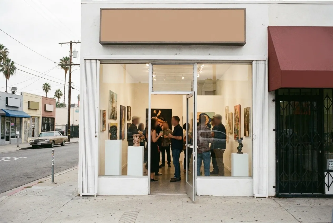 A small gallery room on an opening night, work on white walls, people in the middle
