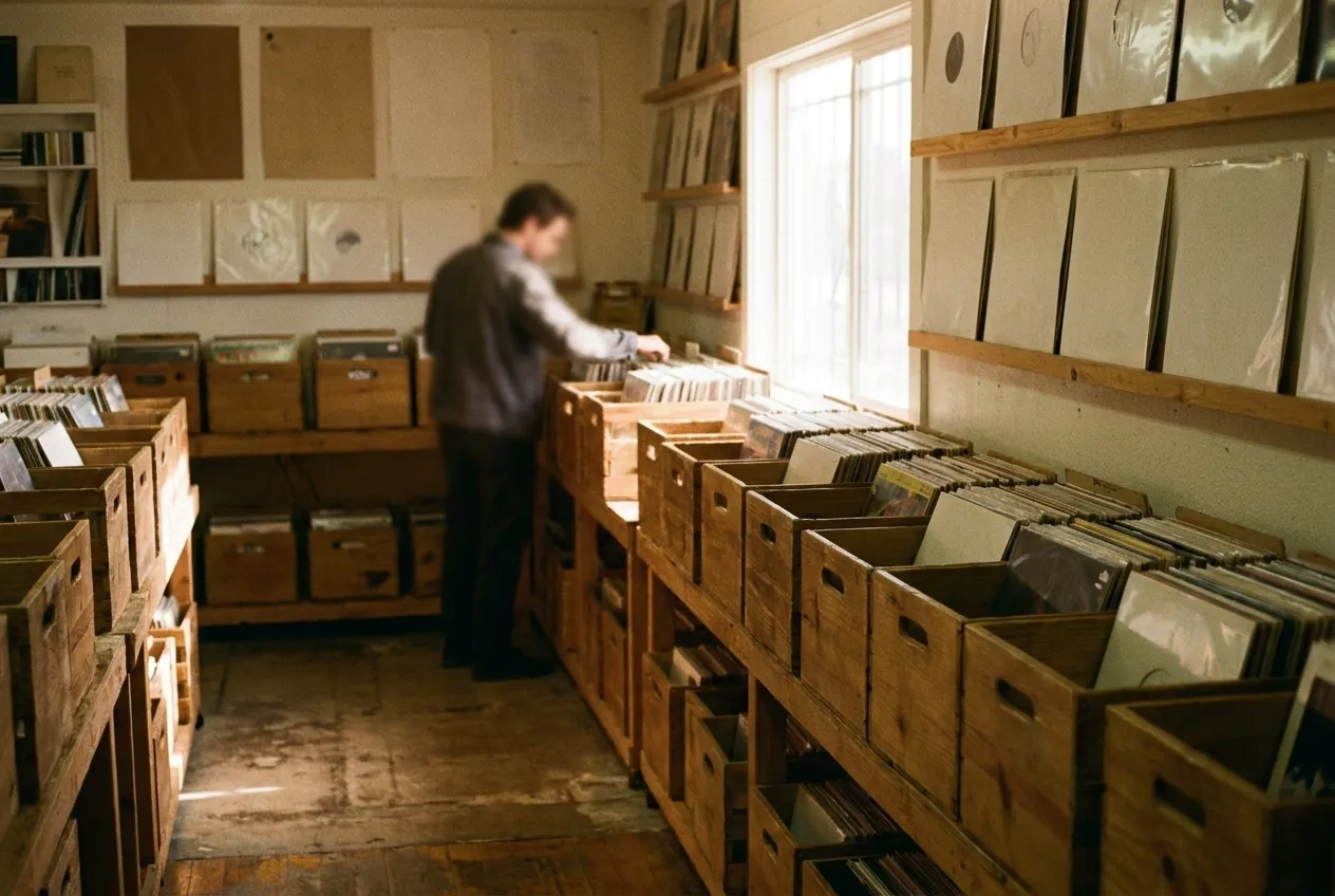 Record crates in a small shop, someone flicking through the far row